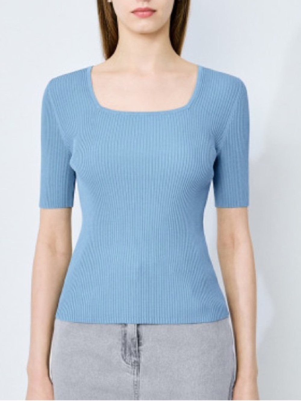 SABA Classic Ribbed Square-Neck Top in Light Blue, XS S M L